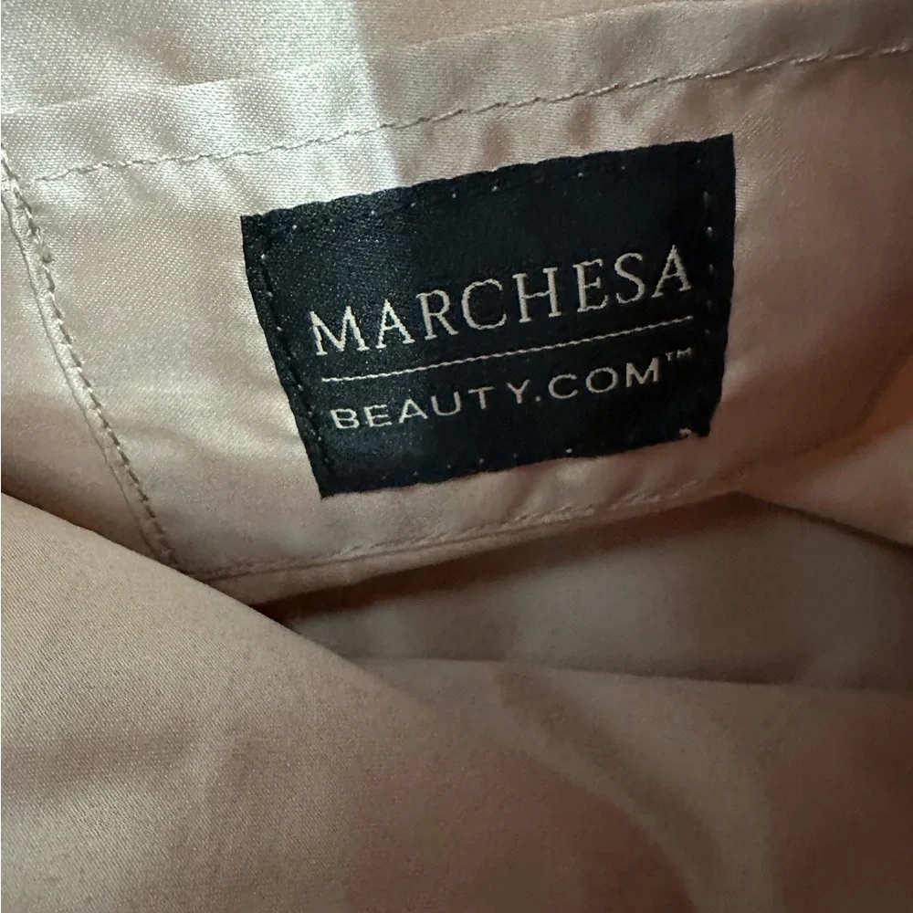 Marchesa x Beauty.com Blush Nude Satin & Black Lace Cosmetics Pouch Bag w Bow
